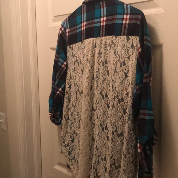 Plaid button down flannel with lace back - Picture 2 of 2
